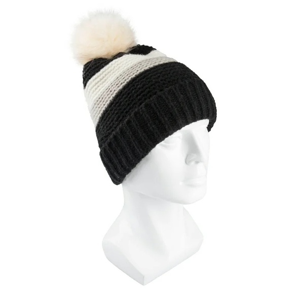 Jessica Simpson Women's Striped Faux Fur Pom Beanie Hat - Picture 4 of 9